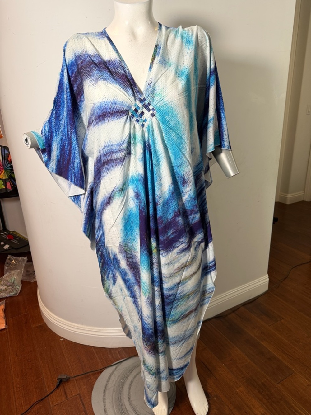 Bohemian Blue White Tie-Dye V-Neck Kaftan Maxi Dress Muumuu Beach Summer